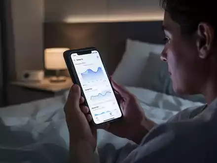 Eine Person hält ein Smartphone mit einer Schlaf-Tracking-App in einem abgedunkelten Schlafzimmer. Das Display leuchtet sanft. - Foto: über boerse-global.de