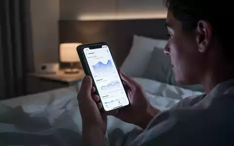 Eine Person hält ein Smartphone mit einer Schlaf-Tracking-App in einem abgedunkelten Schlafzimmer. Das Display leuchtet sanft. - Foto: über boerse-global.de