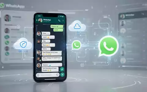 A smartphone displaying WhatsApp, with cloud icons and an Android logo in the background, symbolizing backup and integration. - Foto: über boerse-global.de