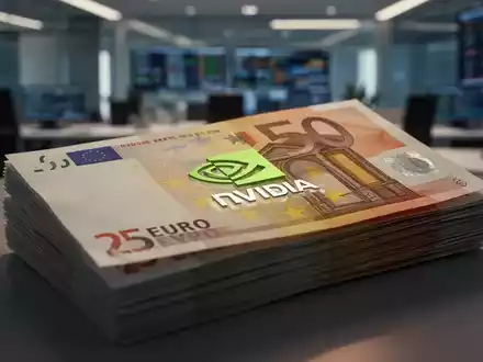 Ein Nahaufnahme-Stapel von Euro-Banknoten, der die 25 Milliarden Euro NVIDIA-Anleihe symbolisiert, mit einem unscharfen Finanzbüro im Hintergrund. - Foto: über boerse-global.de