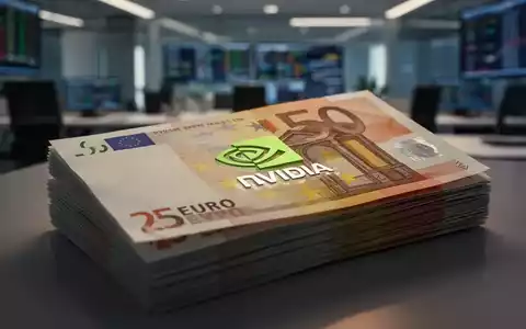 Ein Nahaufnahme-Stapel von Euro-Banknoten, der die 25 Milliarden Euro NVIDIA-Anleihe symbolisiert, mit einem unscharfen Finanzbüro im Hintergrund. - Foto: über boerse-global.de