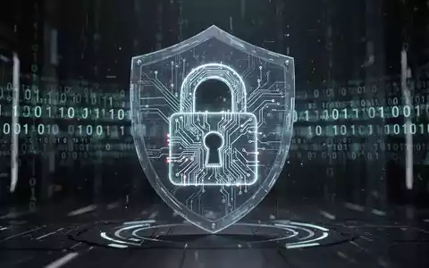 An abstract digital lock formed by glowing circuit lines, surrounded by a holographic shield, with binary code in the background. - Foto: über boerse-global.de