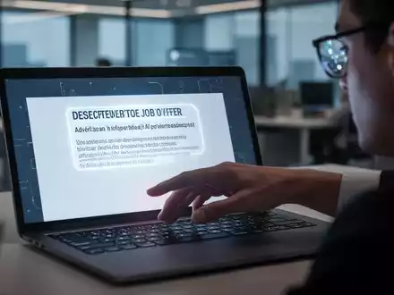 Eine Hand tippt auf einer Laptoptastatur, während auf dem Bildschirm ein gefälschtes Stellenangebot zu sehen ist. - Foto: über boerse-global.de