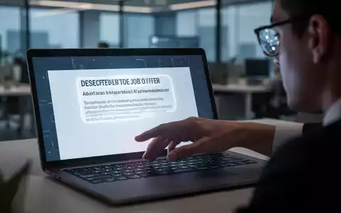 Eine Hand tippt auf einer Laptoptastatur, während auf dem Bildschirm ein gefälschtes Stellenangebot zu sehen ist. - Foto: über boerse-global.de