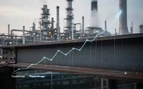 Nahaufnahme eines Stahlträgers mit einer dezenten, aufsteigenden Diagrammlinie und einem verschwommenen Industriegelände im Hintergrund. - Foto: über boerse-global.de