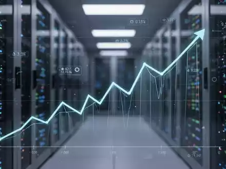 Ein stilisierter, aufwärts gerichteter Liniengraph auf einer digitalen Oberfläche mit Finanzdaten und einem verschwommenen Rechenzentrum im Hintergrund. - Foto: über boerse-global.de