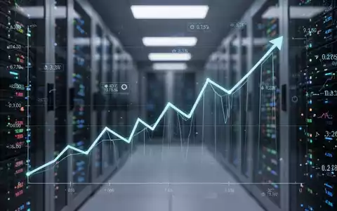Ein stilisierter, aufwärts gerichteter Liniengraph auf einer digitalen Oberfläche mit Finanzdaten und einem verschwommenen Rechenzentrum im Hintergrund. - Foto: über boerse-global.de