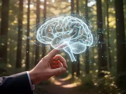 Eine Hand interagiert mit einer holographischen Gehirn-Schnittstelle; im Hintergrund ein sonnendurchfluteter Wald. - Foto: über boerse-global.de