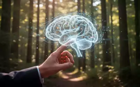 Eine Hand interagiert mit einer holographischen Gehirn-Schnittstelle; im Hintergrund ein sonnendurchfluteter Wald. - Foto: über boerse-global.de