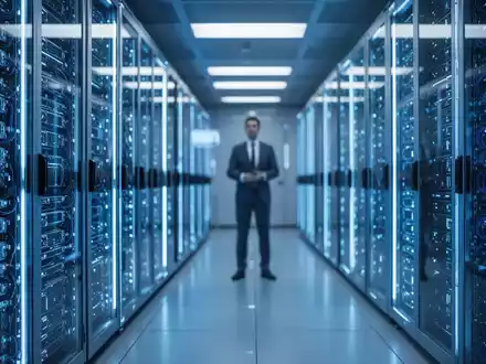 A server room with glowing blue lights and rows of AI processors, symbolizing AI as core infrastructure in finance and telecom. - Foto: über boerse-global.de