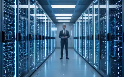 A server room with glowing blue lights and rows of AI processors, symbolizing AI as core infrastructure in finance and telecom. - Foto: über boerse-global.de