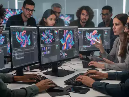 People participate in a digital image editing workshop, using computers to enhance images with AI tools. - Foto: über boerse-global.de
