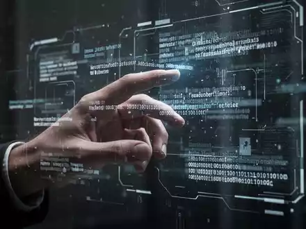 Eine menschliche Hand interagiert mit einer holografischen Oberfläche, die Textfragmente und Binärcode anzeigt. - Foto: über boerse-global.de