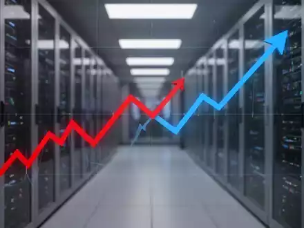 Roter, abwärts gerichteter Börsenchart kreuzt blauen, aufwärts gerichteten Chart, vor unscharfem Technologie-Hintergrund. - Foto: über boerse-global.de