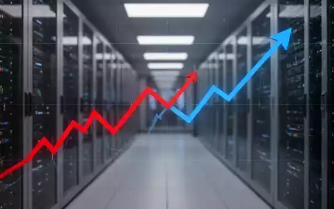 Roter, abwärts gerichteter Börsenchart kreuzt blauen, aufwärts gerichteten Chart, vor unscharfem Technologie-Hintergrund. - Foto: über boerse-global.de