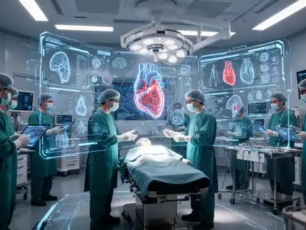 Ein Operationssaal mit medizinischem Personal, das mit fortschrittlicher KI-Technologie und holografischen Displays interagiert. - Foto: über boerse-global.de