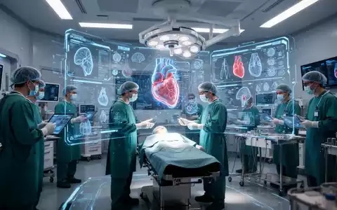 Ein Operationssaal mit medizinischem Personal, das mit fortschrittlicher KI-Technologie und holografischen Displays interagiert. - Foto: über boerse-global.de