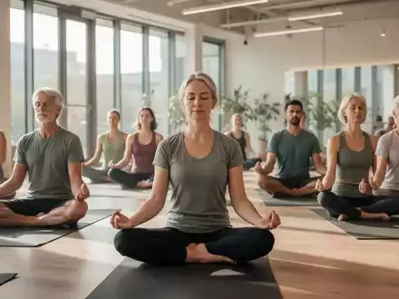 Eine Gruppe von Menschen unterschiedlichen Alters praktiziert Yoga oder Meditation in einem hellen, modernen Raum. - Foto: über boerse-global.de
