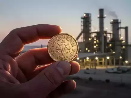 Eine Hand hält eine marokkanische Dirham-Münze vor dem verschwommenen Hintergrund einer Zementfabrik bei Sonnenuntergang. - Foto: über boerse-global.de