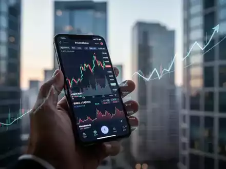Eine Hand hält ein Smartphone mit einer Aktienhandels-App vor einem unscharfen Hintergrund moderner Bürogebäude. - Foto: über boerse-global.de