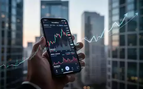 Eine Hand hält ein Smartphone mit einer Aktienhandels-App vor einem unscharfen Hintergrund moderner Bürogebäude. - Foto: über boerse-global.de