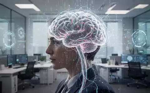 Ein leuchtender, vernetzter Kopf mit digitalen Datenströmen in einem futuristischen Büro, der mentale Fitness und KI-Integration symbolisiert. - Foto: über boerse-global.de