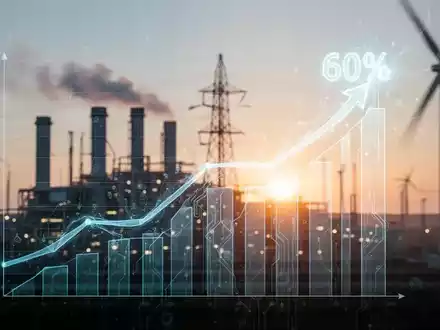 Ein stilisierter Graph mit 60% Wachstum, überlagert mit Energie-Motiven und einem Kraftwerk im Hintergrund. - Foto: über boerse-global.de