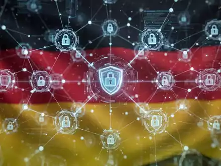 Abstrakte Darstellung von vernetzten Datenpunkten und Blockchain-Knoten mit einem deutschen Flaggenmotiv im Hintergrund, die Regulierung und Transparenz andeuten. - Foto: über boerse-global.de
