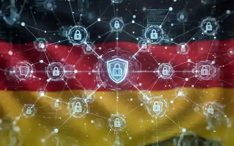 Abstrakte Darstellung von vernetzten Datenpunkten und Blockchain-Knoten mit einem deutschen Flaggenmotiv im Hintergrund, die Regulierung und Transparenz andeuten. - Foto: über boerse-global.de