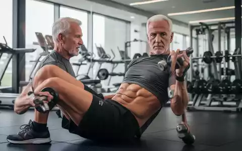 Ein fitter, aktiver älterer Mann (50er-60er) führt eine Bauchübung in einem modernen Fitnessstudio aus. - Foto: über boerse-global.de
