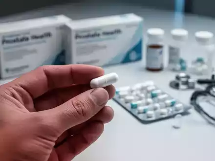 Nahaufnahme einer Hand, die eine weiße Kapsel hält, mit unscharfem Hintergrund von Medikamentenverpackungen und medizinischen Instrumenten. - Foto: über boerse-global.de