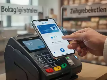 Ein iPhone mit der PayPal-App wird an ein Zahlungsterminal gehalten, um eine kontaktlose Transaktion durchzuführen. - Foto: über boerse-global.de