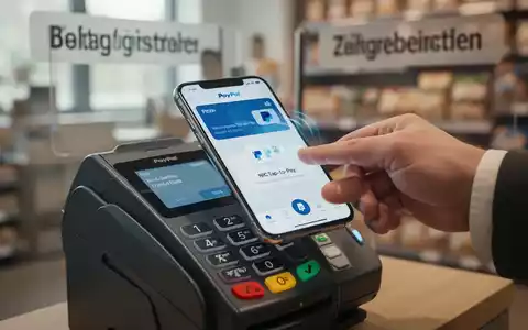 Ein iPhone mit der PayPal-App wird an ein Zahlungsterminal gehalten, um eine kontaktlose Transaktion durchzuführen. - Foto: über boerse-global.de