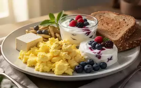 Ein appetitliches Frühstück mit Rührei, Tofu, griechischem Joghurt mit Beeren und Vollkorntoast in natürlichem Morgenlicht. - Foto: über boerse-global.de