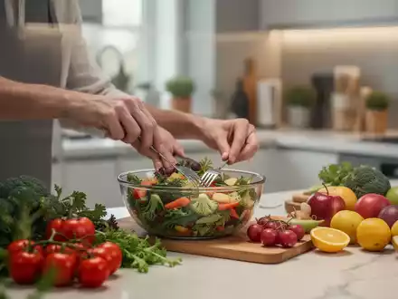 Eine Person bereitet eine gesunde Mahlzeit mit frischem Obst und Gemüse zu, was Achtsamkeit und Wohlbefinden symbolisiert. - Foto: über boerse-global.de
