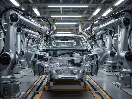 Eine moderne Autofabrik-Montagelinie mit Roboterarmen, die an Fahrzeugkomponenten arbeiten und Effizienz und fortschrittliche Fertigung zeigen. - Foto: ĂŒber boerse-global.de