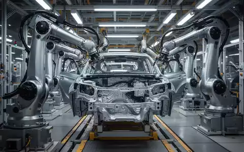 Eine moderne Autofabrik-Montagelinie mit Roboterarmen, die an Fahrzeugkomponenten arbeiten und Effizienz und fortschrittliche Fertigung zeigen. - Foto: über boerse-global.de