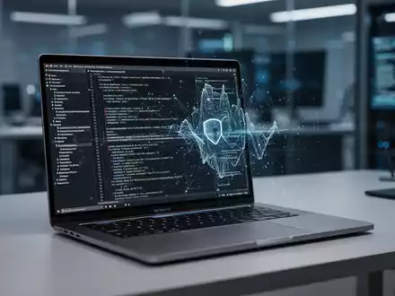 A sleek Apple MacBook Pro displaying code, symbolizing macOS 27 device management and enterprise security. High-tech IT environment. - Foto: über boerse-global.de