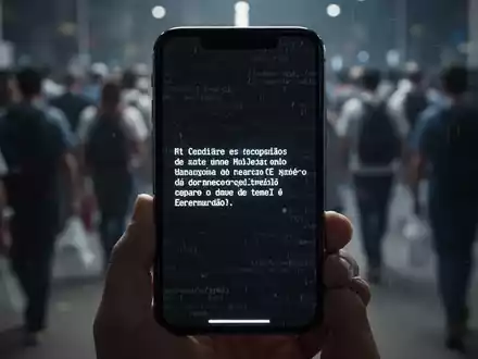 Ein Smartphone-Bildschirm zeigt eine mysteriöse Fehlermeldung, mit verschwommenen Menschen im Hintergrund, die eine große Bevölkerung andeuten. - Foto: über boerse-global.de
