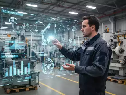 Ein Techniker in einem modernen Industriebetrieb interagiert mit einem holographischen Display, das IoT-Daten und KI-Analysen anzeigt. - Foto: über boerse-global.de