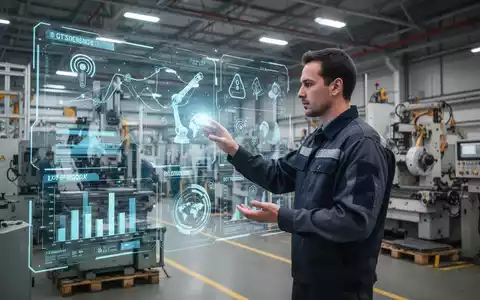 Ein Techniker in einem modernen Industriebetrieb interagiert mit einem holographischen Display, das IoT-Daten und KI-Analysen anzeigt. - Foto: über boerse-global.de