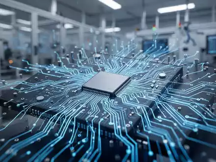 A close-up of a microchip with glowing blue lines, symbolizing data flow and advanced technology in chip manufacturing. - Foto: über boerse-global.de