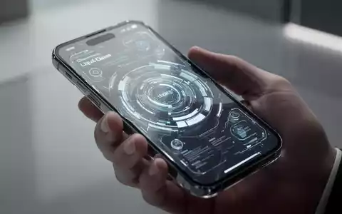 A modern smartphone displaying a translucent 'Liquid Glass' user interface with glowing elements, held by a hand. - Foto: über boerse-global.de