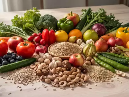 Eine Nahaufnahme einer bunten Auswahl an frischem GemĂŒse, Obst, NĂŒssen und Getreide, die auf einem Holztisch angerichtet sind. - Foto: ĂŒber boerse-global.de