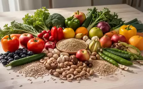 Eine Nahaufnahme einer bunten Auswahl an frischem Gemüse, Obst, Nüssen und Getreide, die auf einem Holztisch angerichtet sind. - Foto: über boerse-global.de