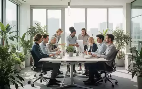 Ein modernes Büro mit viel Tageslicht und Pflanzen, in dem Menschen ergonomisch an einem Schreibtisch zusammenarbeiten. - Foto: über boerse-global.de