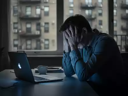 Eine Person sitzt allein an einem Schreibtisch in einem dunklen Heimbüro und hält den Kopf in den Händen, was Stress symbolisiert. - Foto: über boerse-global.de