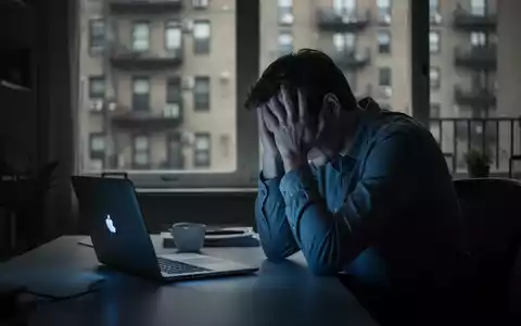 Eine Person sitzt allein an einem Schreibtisch in einem dunklen Heimbüro und hält den Kopf in den Händen, was Stress symbolisiert. - Foto: über boerse-global.de