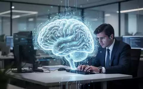 Ein leuchtendes KI-Gehirn über einem gestressten Manager im Büro, der auf einen Computerbildschirm blickt. - Foto: über boerse-global.de