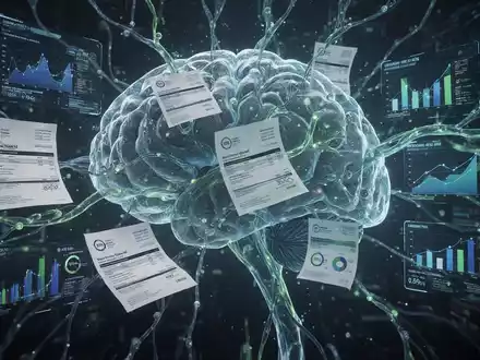 Abstrakte Darstellung von Finanzdaten und Rechnungen, die durch ein neuronales Netzwerk fließen, symbolisiert KI-Automatisierung und Kostensenkung. - Foto: über boerse-global.de